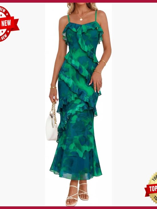 Dresses & Skirts - Floral Maxi Dress Formal Bodycon Spaghetti Strap Ruffle Cocktail Wedding Guest